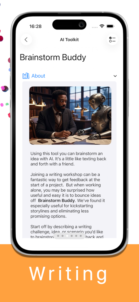 Writerly - The Brainstorm Buddy feature in the Writerly app AI Toolkit showing an illustration of a man and robot collaborating on writing ideas