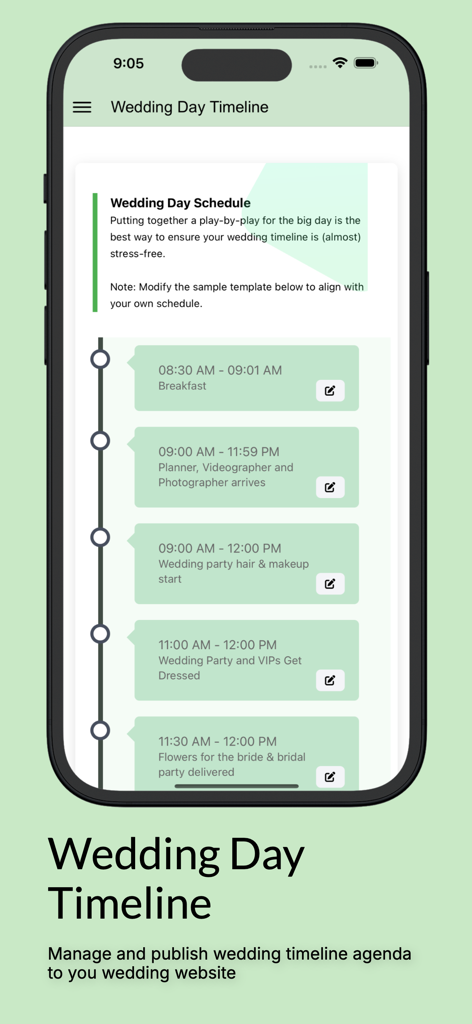 Schermata dell'app mobile che mostra un programma dettagliato e una timeline del giorno del matrimonio all'interno dell'app pianificatore