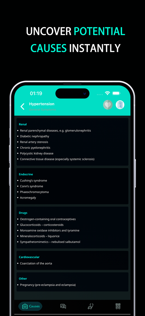 Differential Diagnosis | DDx - Pantalla móvil de la aplicación Diagnóstico Diferencial que muestra una lista de causas médicas de hipertensión categorizadas por sistemas renal y endocrino