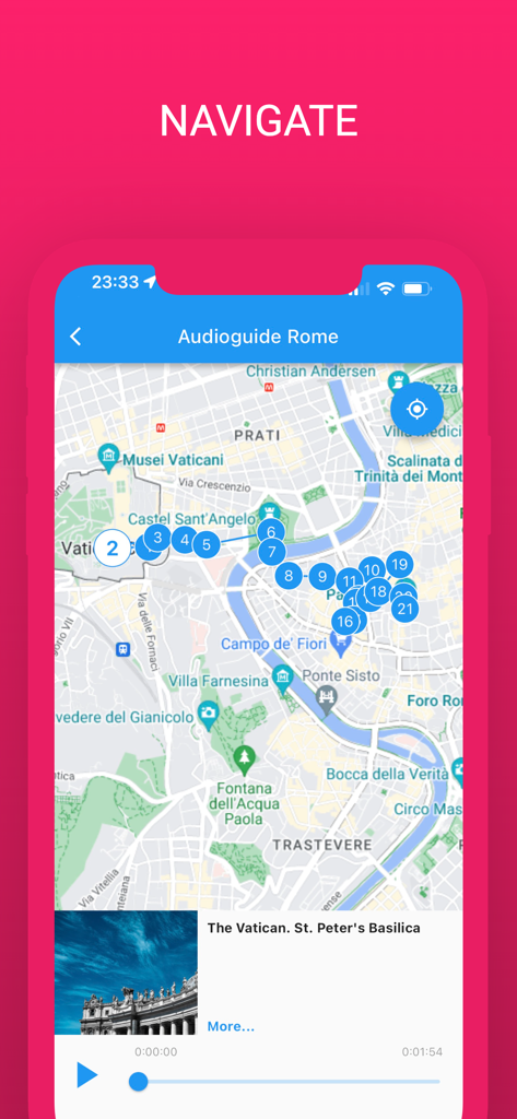 Rome Walks - Offline Guide - A mobile app screenshot displaying an interactive map of Rome with numbered points of interest and an audio tour player for the Vatican.