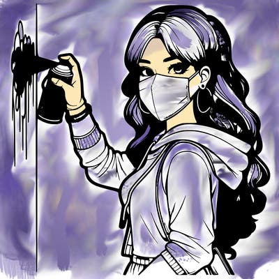 realistic girl with mask spray painting a wall