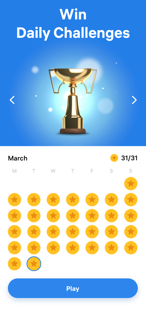 Schermata di gioco di Killer Sudoku che mostra i progressi della sfida quotidiana con un trofeo d'oro e un calendario completato