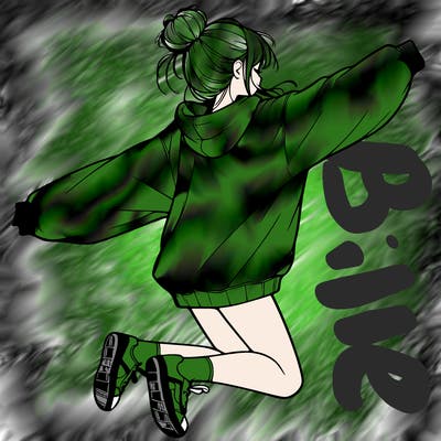 realistic girl jumping with a bun and oversized sweatshirt