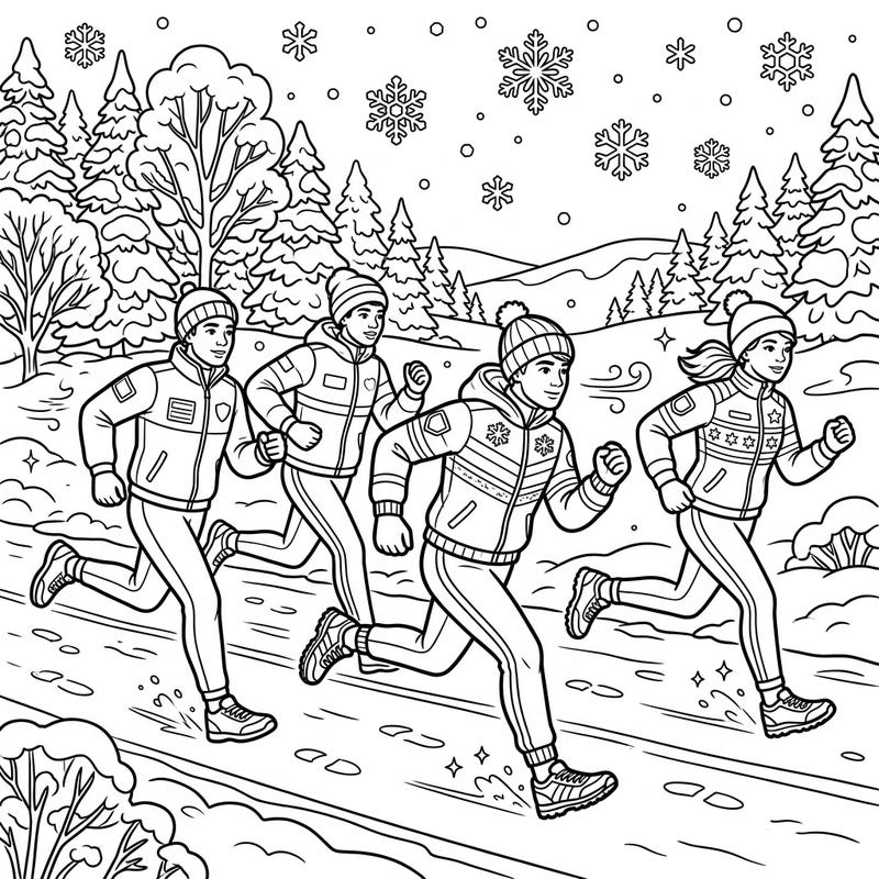 Lace up your imaginary running shoes and get ready for a snowy race! This fun coloring page features energetic kids sprinters dashing through a beautiful winter wonderland, perfect for young artists.
