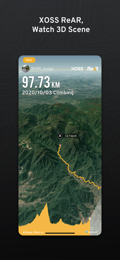XOSS app displaying a 3D route map and elevation profile for a 97 kilometer cycling climb.