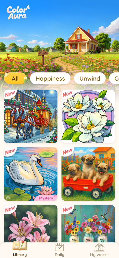 Color Aura: Paint by Number - L'interface de l'application Color Aura montrant une bibliothèque de catégories de peinture par numéro et des pages de coloriage numériques colorées comme des fleurs et des chiots.