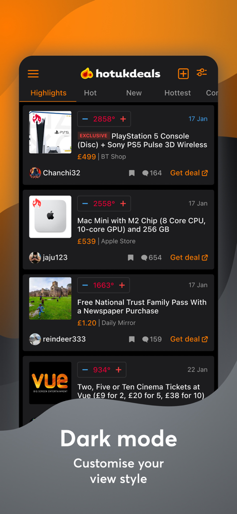 hotukdeals - Deals & Discounts - Captura de pantalla de la interfaz de la aplicación hotukdeals en modo oscuro mostrando las mejores ofertas en tecnología y entradas de cine con calificaciones de calor de la comunidad.