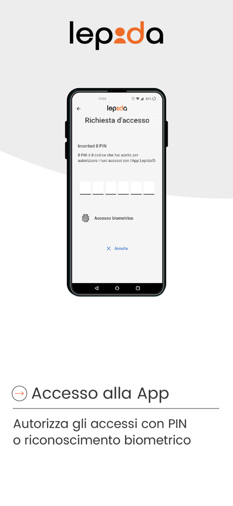 LepidaID - Interfaz de inicio de sesión de la aplicación LepidaID con acceso PIN y biométrico