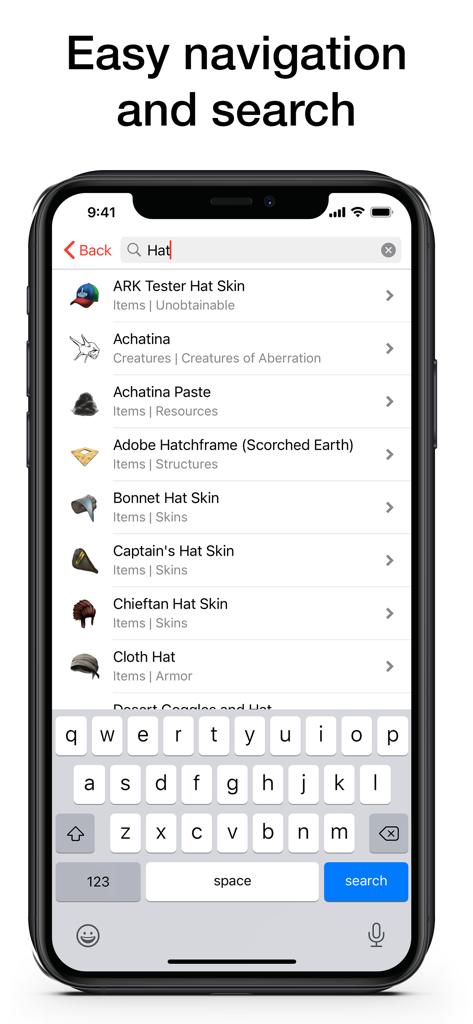 Captura de pantalla de iPhone que muestra los resultados de búsqueda de objetos y aspectos en la aplicación PW para ARK