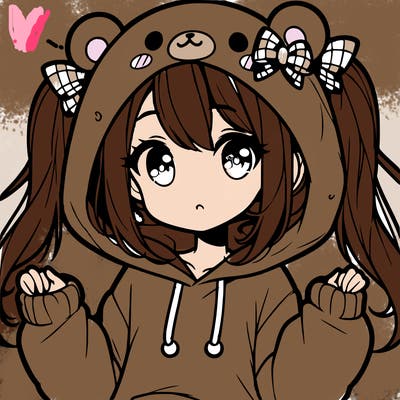 cute anime girl with ponytails and a cute bear hoodie
