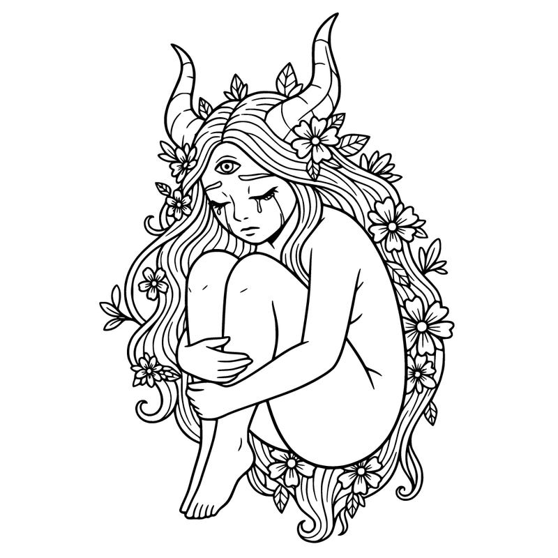 sad person with horns crying with eyes closed holding her knees 
flower in her hair
long hair 
no pupil in eye 
one eye on her forehead that is open but no pupil