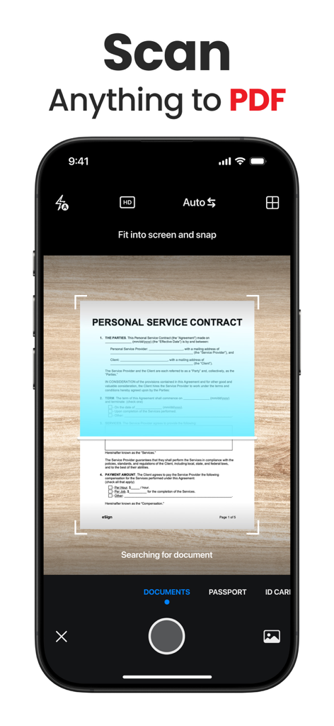 Scanner App - Scan PDF & Docs - サービス契約をPDFドキュメントとしてスキャンしているスマートフォンのインターフェース