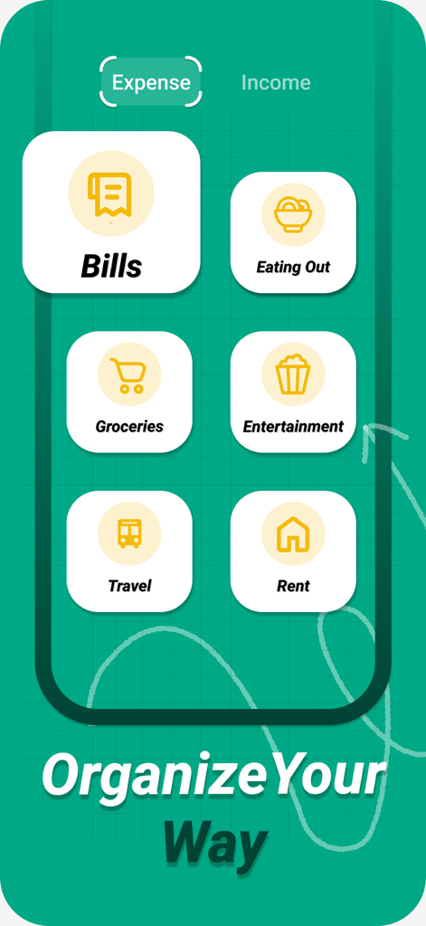 Screenshot des PocketBook AI Ausgaben-Trackers, der benutzerdefinierte Kategorien wie Rechnungen, Essen gehen, Lebensmittel, Unterhaltung, Reisen und Miete anzeigt