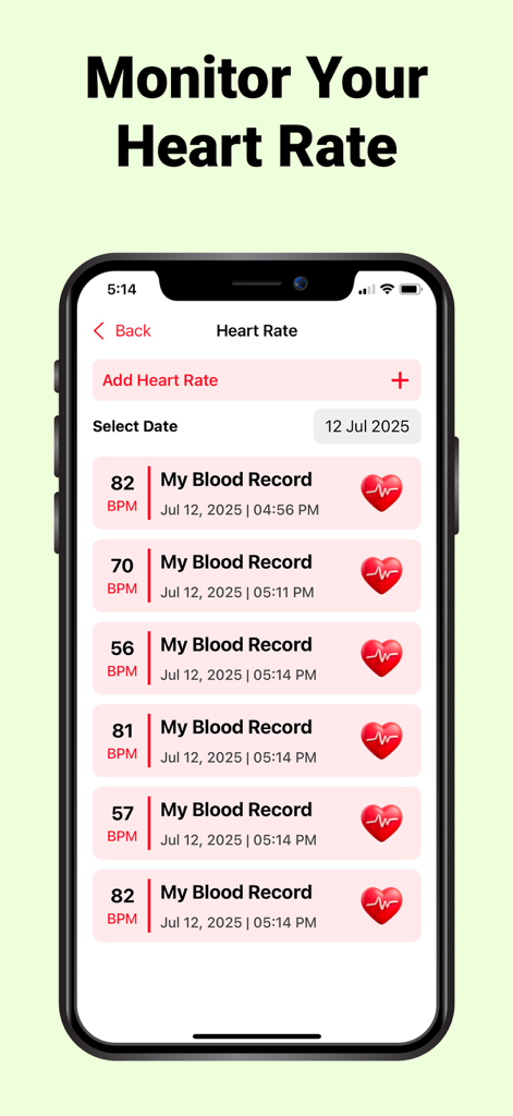 A smartphone screen showing a heart rate tracker with a list of historical pulse readings in BPM
