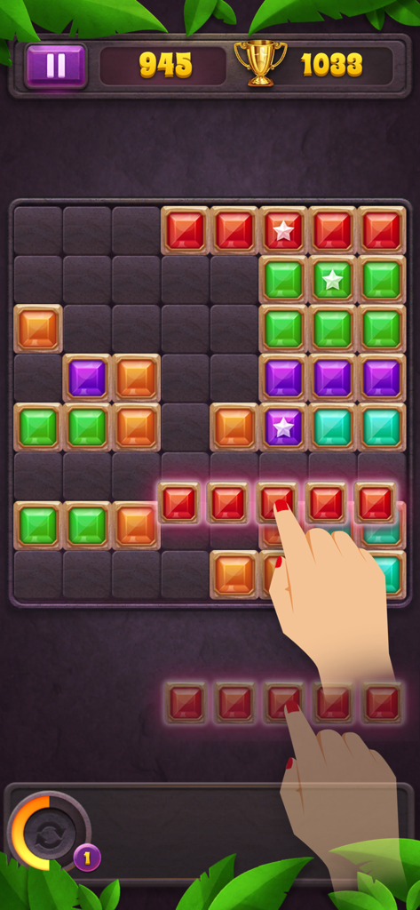 Hand dragging gem blocks into a grid in Block Puzzle Star Gem