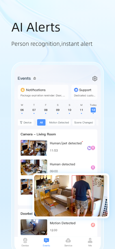 EseeCloud app interface showing AI alerts for person and pet recognition with instant notifications