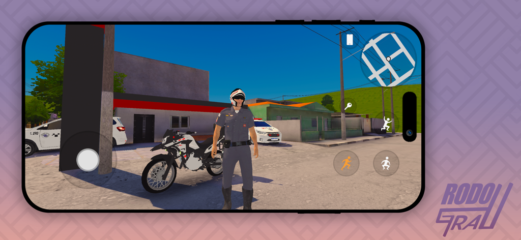 Gameplay screenshot of RodoGrau Online featuring a character in uniform standing next to a motorcycle on an urban street