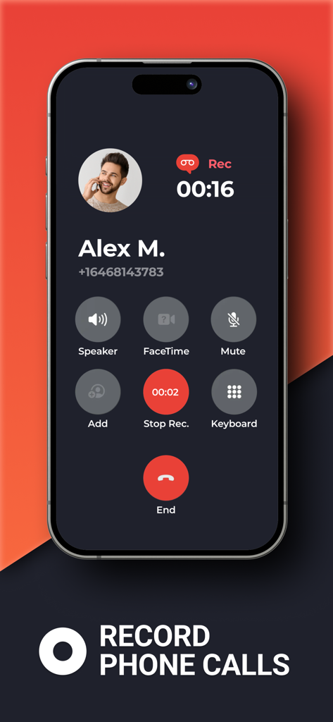 Phone Call Recorder ACR - Una pantalla de smartphone mostrando una sesión activa de grabación de llamadas con un contacto llamado Alex M y un botón rojo prominente para detener la grabación