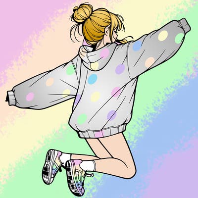 realistic girl jumping with a bun and oversized sweatshirt