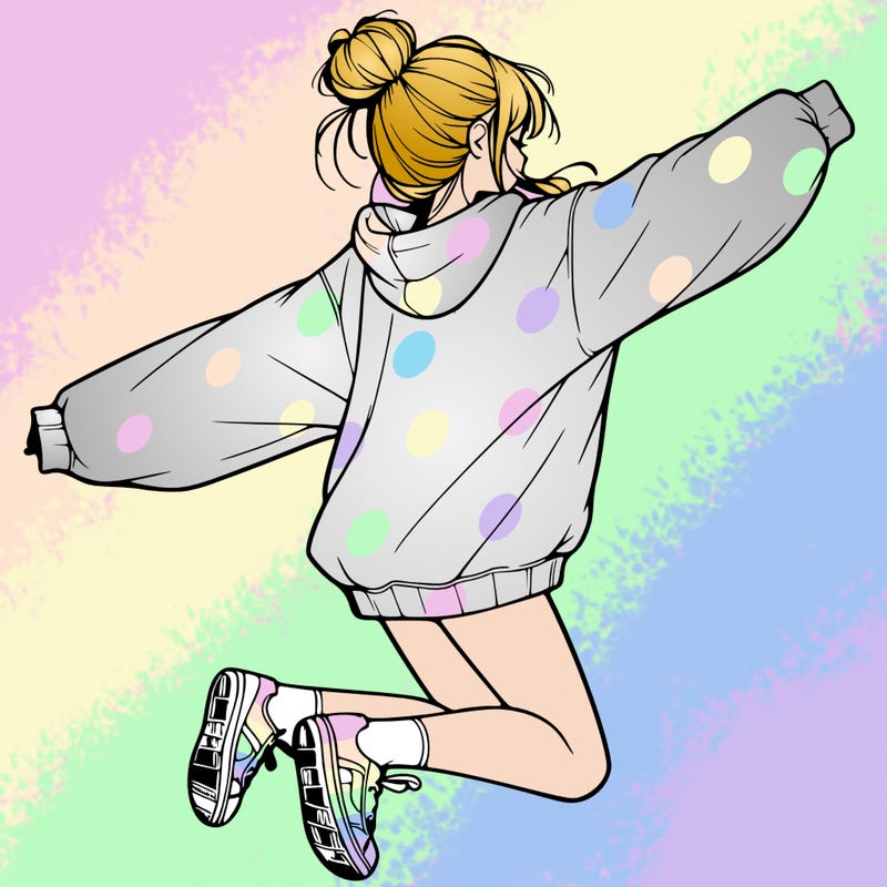 realistic girl jumping with a bun and oversized sweatshirt