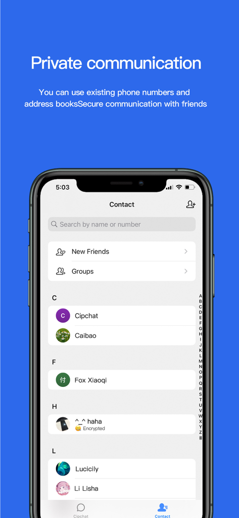 Cipchat - Encrypted Messenger - Interface da lista de contatos do aplicativo móvel Cipchat mostrando contatos de mensagens seguras