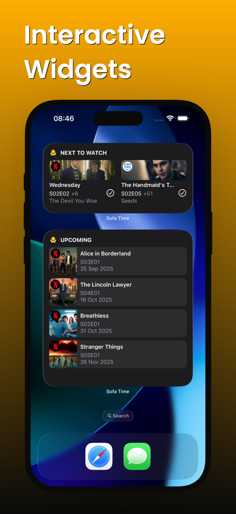 Sofa Timeのインタラクティブウィジェット（「次へ」「今後のテレビ番組」リスト）が表示されたiPhoneのホーム画面。