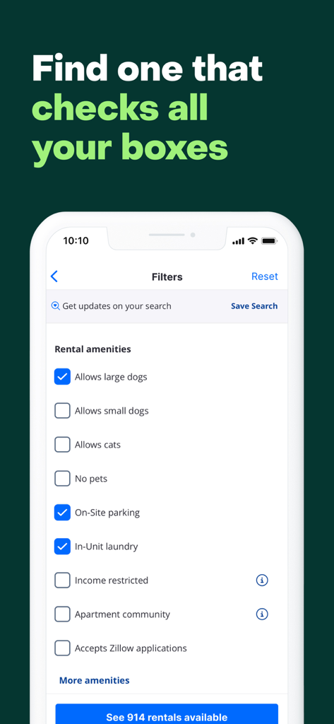 Zillow Rentals - Zillow Rentals app filter screen showing rental amenities like pet policies laundry and parking