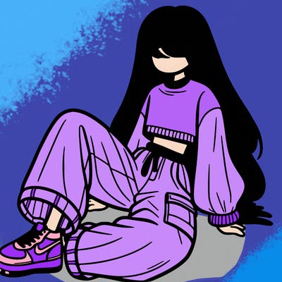 a girl with baggy pants and a crop top with long hair