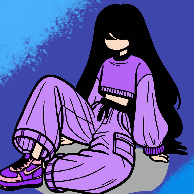 a girl with baggy pants and a crop top with long hair