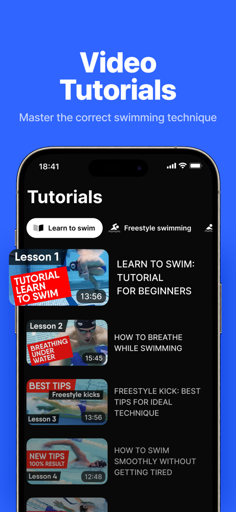 SwimUp: Swimming Workouts App - SwimUp app screen displaying video tutorials for learning swimming techniques and freestyle drills