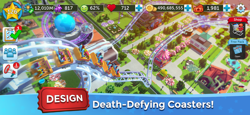 Gameplay screenshot of RollerCoaster Tycoon Touch showing a white roller coaster in a vibrant 3D amusement park.