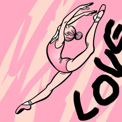 gymnast doing a leap in a leotard with a bent back leg