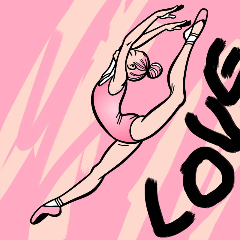 gymnast doing a leap in a leotard with a bent back leg