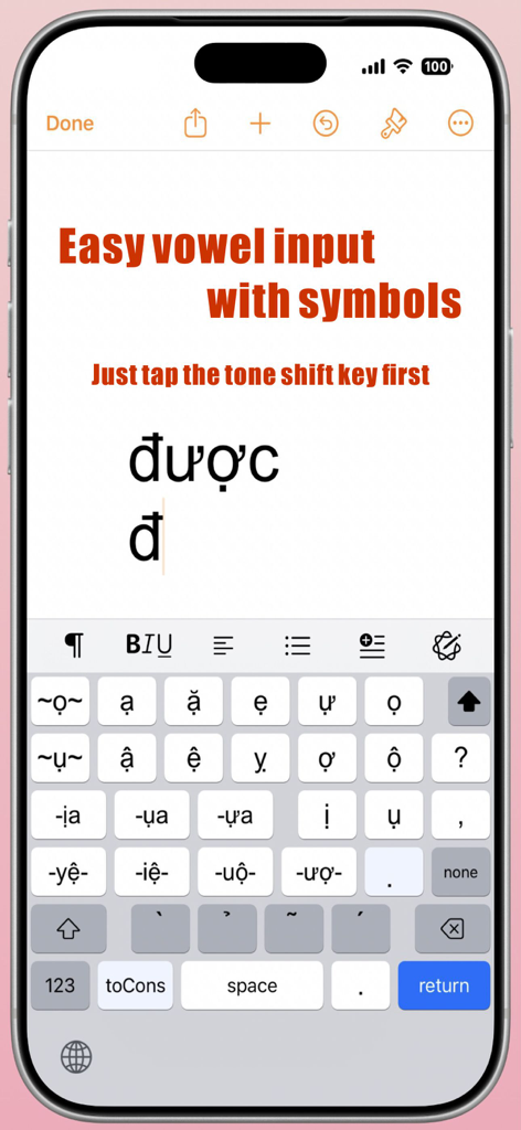 NguyenKey app interface on an iPhone showing a specialized Vietnamese keyboard for easy vowel and tone mark input.