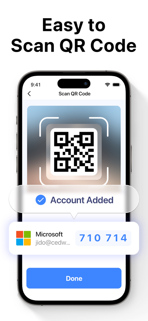 Pantalla de iPhone mostrando la aplicación Authenticator escaneando un código QR para añadir una cuenta de Microsoft para autenticación de dos factores
