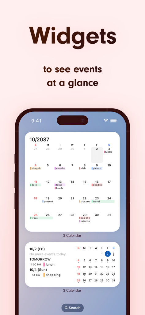 Pantalla de inicio de iPhone mostrando dos widgets de calendario para la planificación de eventos mensuales y diarios.