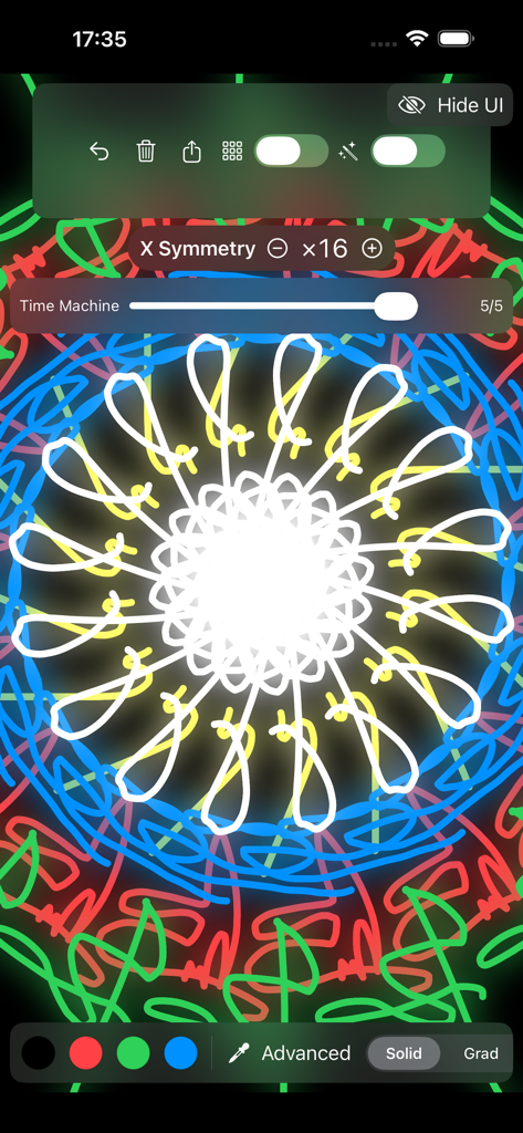 Mirror Drawing Studio - A colorful neon mandala created with 16-way symmetry in the Mirror Drawing Studio app