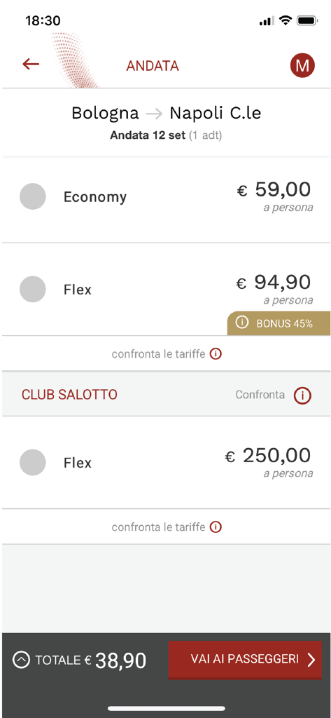 Schermata dell'app mobile Italo Impresa che visualizza i prezzi dei biglietti del treno e le opzioni di tariffa da Bologna a Napoli.