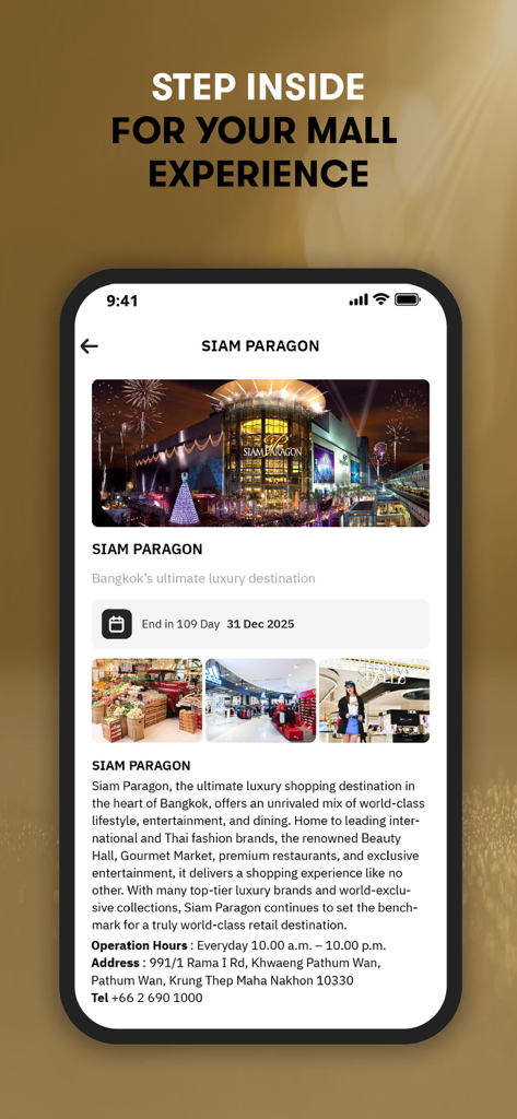 M Tourist Thailand - M Tourist app screen displaying Siam Paragon shopping mall information and photos