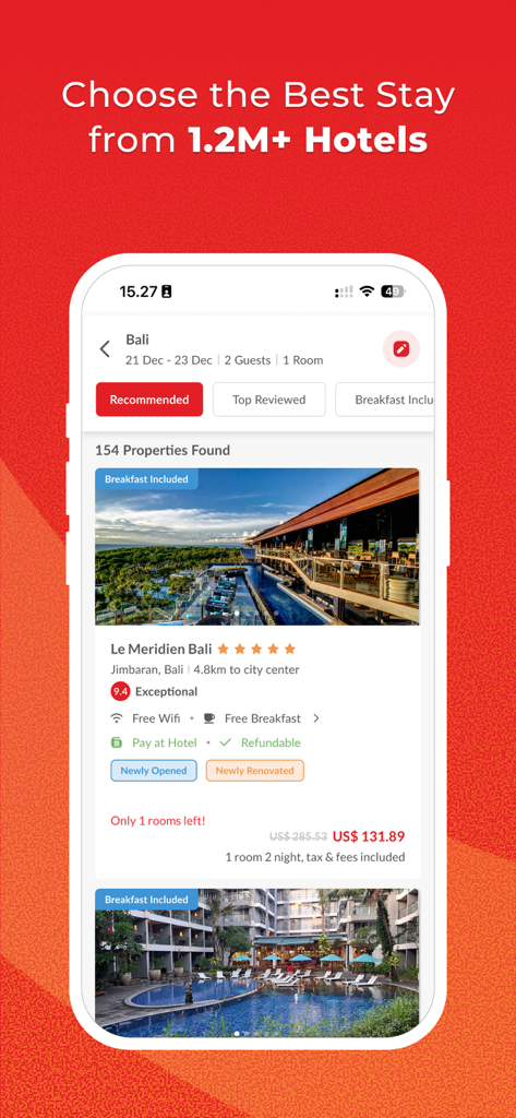 Airpaz: Flight & Hotel Booking - 価格と評価が付いたバリ島のホテル検索結果を表示しているAirpazアプリのインターフェース。
