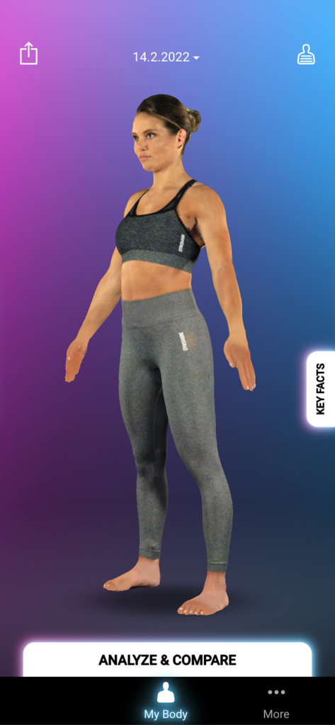 Bodygee - A 3D body scan avatar of a woman in fitness apparel on the Bodygee app interface showing analyze and compare options