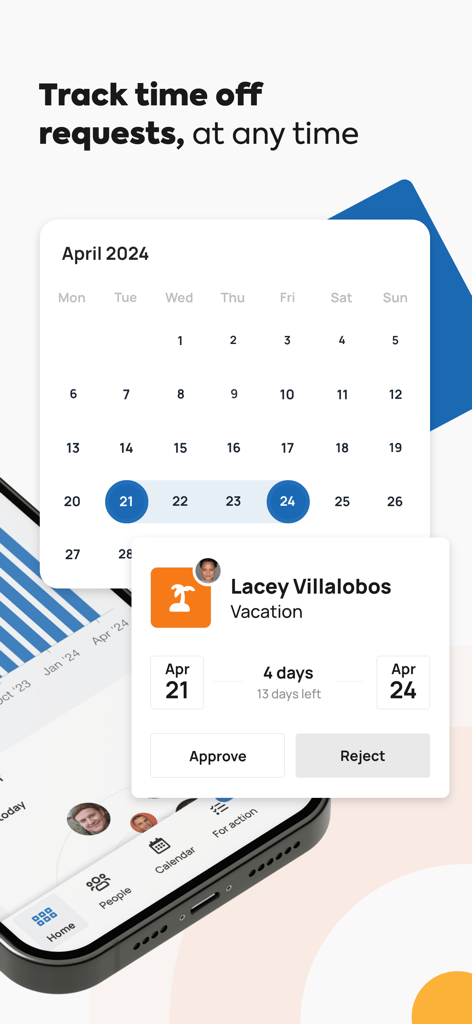 TalentHR - All-in-one HRIS - TalentHR mobile app interface showing a vacation request for approval with a calendar view.