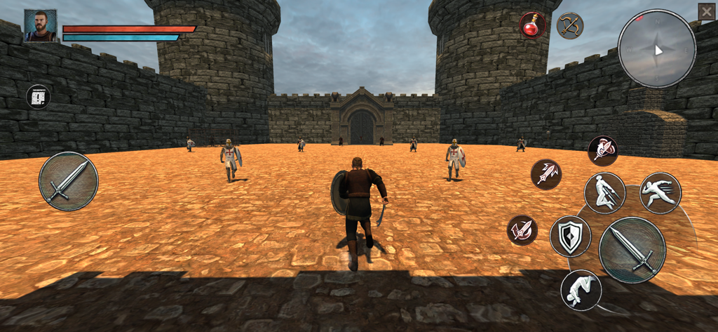 Ertugrul Gazi 2: Sword Games - ゲーム「エルトゥールル・ガジ 2」の城の中庭での中世の剣戟の三人称視点