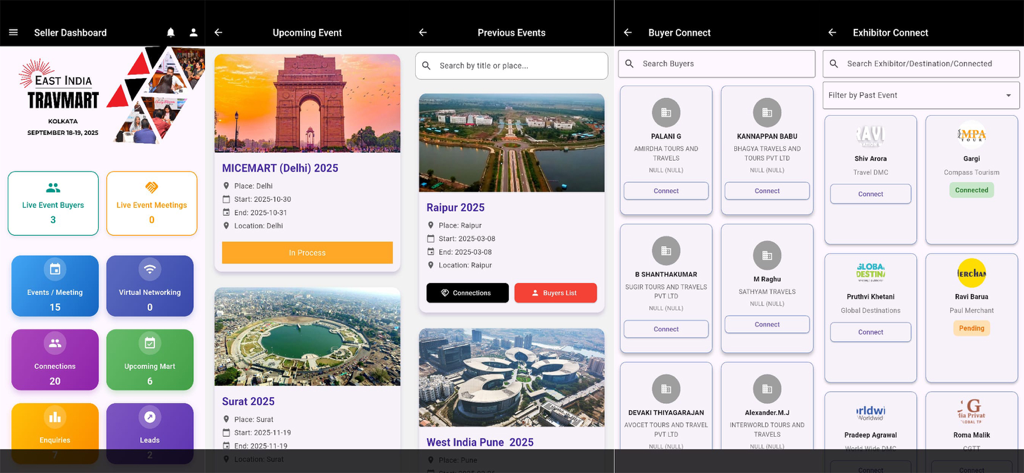 TTJ TRAVMART MARKETPLACE - TTJ TRAVMART MARKETPLACE app screenshots showing the seller dashboard, upcoming events, and business networking features.