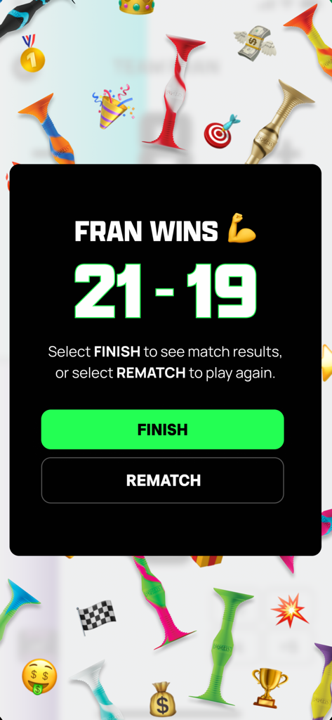 Popdarts Score Keeper - A popdarts game winner screen showing a final score of 21 to 19.