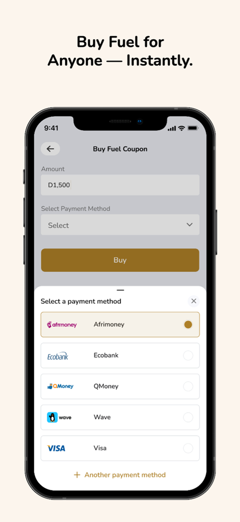 Waychit mobile app screen showing options to buy fuel coupons and select payment methods like Afrimoney and Visa