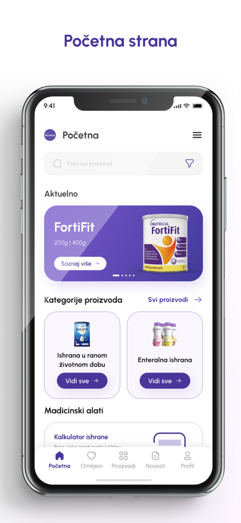 Écran d'accueil de l'application Nutricia for Professionals affichant les catégories de produits nutritionnels et les outils médicaux