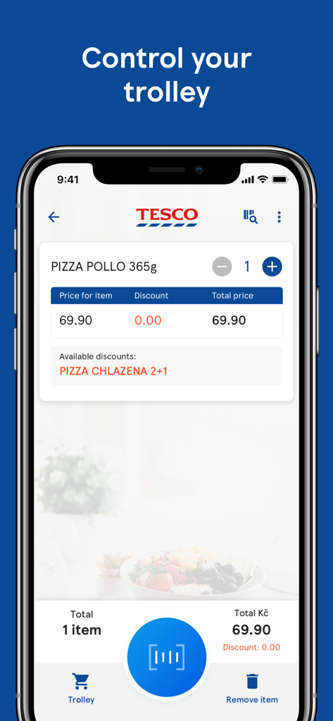 Scan&Shop mobile - Tesco Scan and Shop mobile app interface displaying a digital shopping trolley with product price and total spend