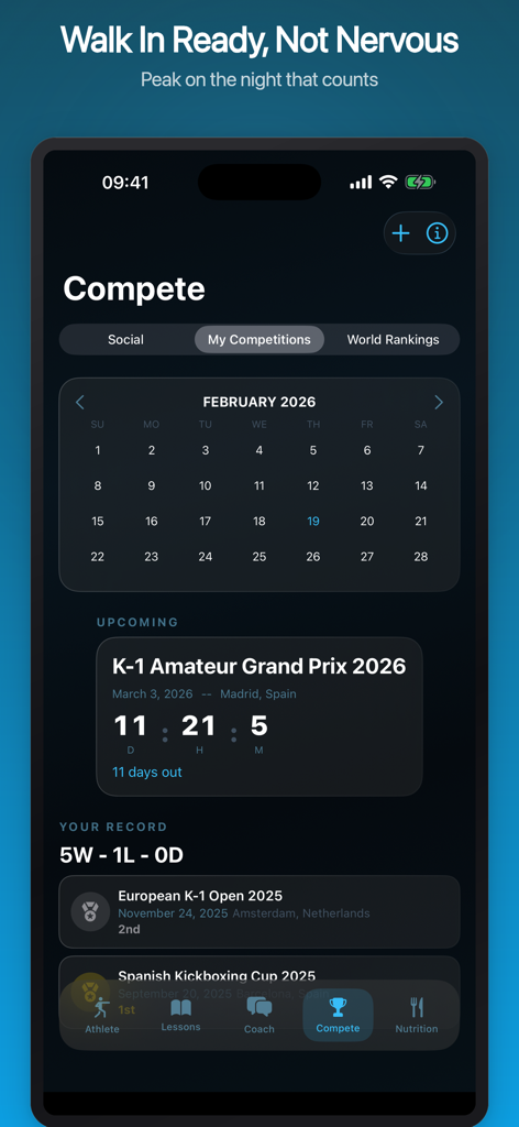 Kickboxing: AI Ring Coach - Kickboxing app dashboard showing a competition countdown and match history record