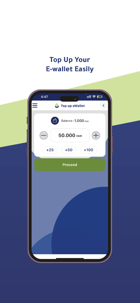 ONEIC Pay - ONEIC Pay app interface showing how to top up a digital e-wallet with Omani Rial